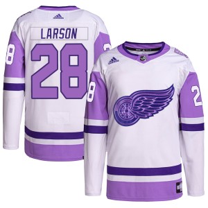 Youth Detroit Red Wings Reed Larson Adidas Authentic Hockey Fights Cancer Primegreen Jersey - White/Purple