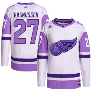 Youth Detroit Red Wings Michael Rasmussen Adidas Authentic Hockey Fights Cancer Primegreen Jersey - White/Purple