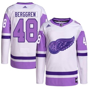 Men's Detroit Red Wings Jonatan Berggren Adidas Authentic Hockey Fights Cancer Primegreen Jersey - White/Purple