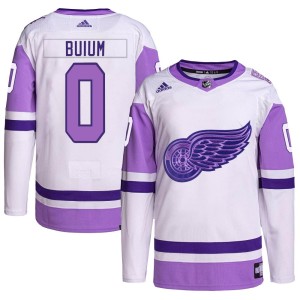 Men's Detroit Red Wings Shai Buium Adidas Authentic Hockey Fights Cancer Primegreen Jersey - White/Purple