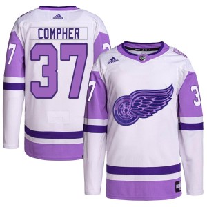 Men's Detroit Red Wings J.T. Compher Adidas Authentic Hockey Fights Cancer Primegreen Jersey - White/Purple