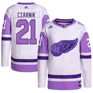 Men's Detroit Red Wings Austin Czarnik Adidas Authentic Hockey Fights Cancer Primegreen Jersey - White/Purple