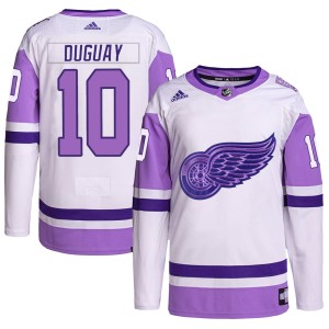 Men's Detroit Red Wings Ron Duguay Adidas Authentic Hockey Fights Cancer Primegreen Jersey - White/Purple
