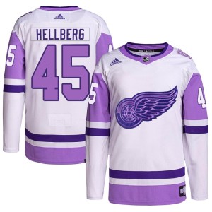 Men's Detroit Red Wings Magnus Hellberg Adidas Authentic Hockey Fights Cancer Primegreen Jersey - White/Purple