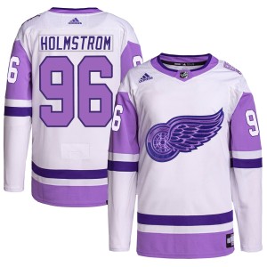 Men's Detroit Red Wings Tomas Holmstrom Adidas Authentic Hockey Fights Cancer Primegreen Jersey - White/Purple