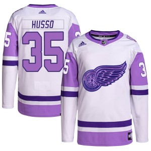 Men's Detroit Red Wings Ville Husso Adidas Authentic Hockey Fights Cancer Primegreen Jersey - White/Purple