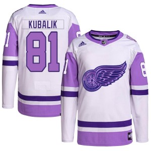 Men's Detroit Red Wings Dominik Kubalik Adidas Authentic Hockey Fights Cancer Primegreen Jersey - White/Purple