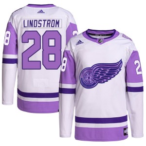 Men's Detroit Red Wings Gustav Lindstrom Adidas Authentic Hockey Fights Cancer Primegreen Jersey - White/Purple
