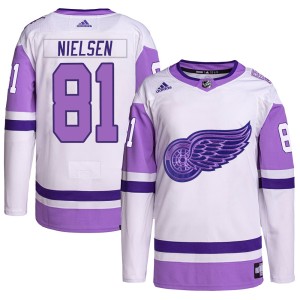 Men's Detroit Red Wings Frans Nielsen Adidas Authentic Hockey Fights Cancer Primegreen Jersey - White/Purple