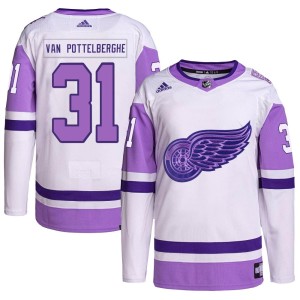 Men's Detroit Red Wings Joren Van Pottelberghe Adidas Authentic Hockey Fights Cancer Primegreen Jersey - White/Purple