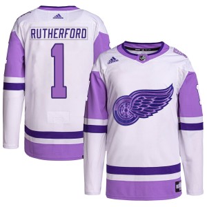 Men's Detroit Red Wings Jim Rutherford Adidas Authentic Hockey Fights Cancer Primegreen Jersey - White/Purple