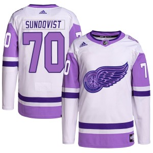 Men's Detroit Red Wings Oskar Sundqvist Adidas Authentic Hockey Fights Cancer Primegreen Jersey - White/Purple