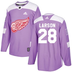 Men's Detroit Red Wings Reed Larson Adidas Authentic Hockey Fights Cancer Practice Jersey - Purple