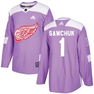 Men's Detroit Red Wings Terry Sawchuk Adidas Authentic Hockey Fights Cancer Practice Jersey - Purple