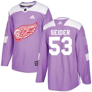 Men's Detroit Red Wings Moritz Seider Adidas Authentic Hockey Fights Cancer Practice Jersey - Purple