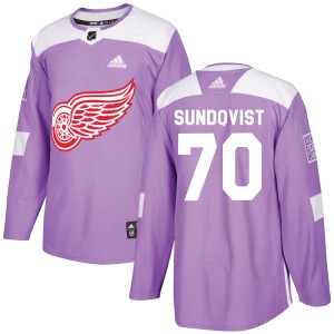 Men's Detroit Red Wings Oskar Sundqvist Adidas Authentic Hockey Fights Cancer Practice Jersey - Purple