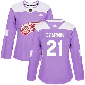 Women's Detroit Red Wings Austin Czarnik Adidas Authentic Hockey Fights Cancer Practice Jersey - Purple