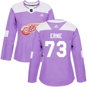 Women's Detroit Red Wings Adam Erne Adidas Authentic Hockey Fights Cancer Practice Jersey - Purple