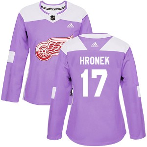 Women's Detroit Red Wings Filip Hronek Adidas Authentic Hockey Fights Cancer Practice Jersey - Purple