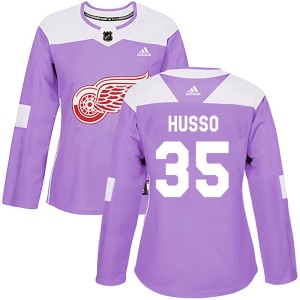 Women's Detroit Red Wings Ville Husso Adidas Authentic Hockey Fights Cancer Practice Jersey - Purple