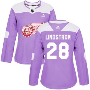 Women's Detroit Red Wings Gustav Lindstrom Adidas Authentic Hockey Fights Cancer Practice Jersey - Purple