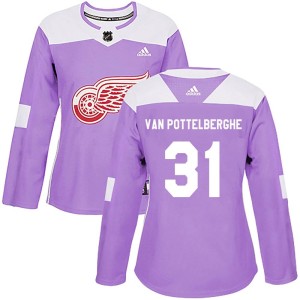 Women's Detroit Red Wings Joren Van Pottelberghe Adidas Authentic Hockey Fights Cancer Practice Jersey - Purple